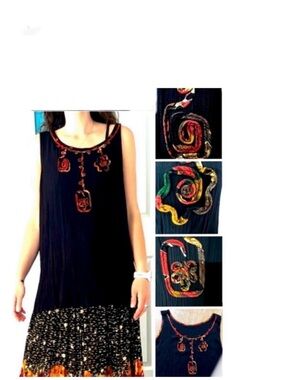 Vintage Appliqué Sleeveless Top – Multicoloured Bold & Earthy Motifs on Black